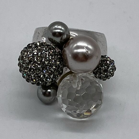 Statement Ring w/ Faux Pearl, Rhinestones and Crystal Decor on Silver Tone - Picture 4 of 5